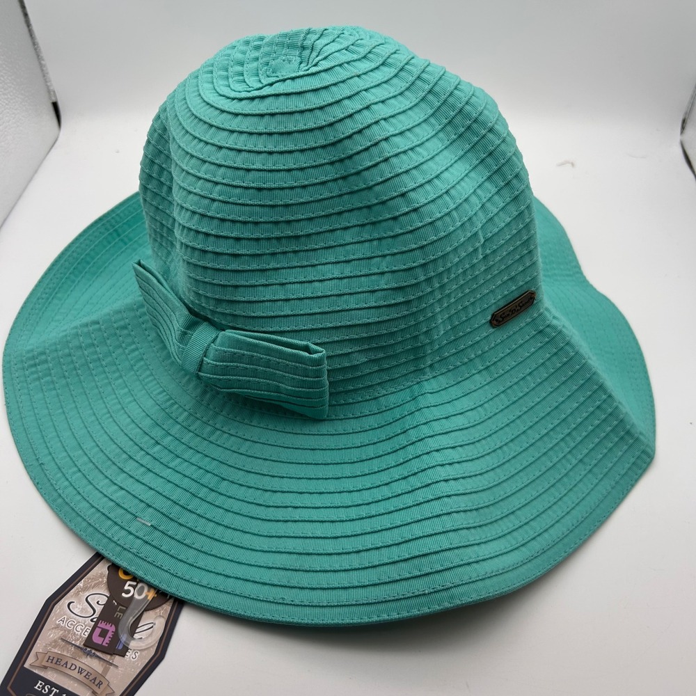 Sun N Sand Turquoise Teal Wide Brim Sun Hat UPF 50+ Packable Bow HH1482 G NEW